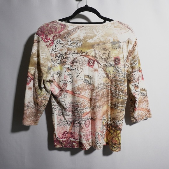 Y2K Paris Travel Graphic Sleeve Knit Shirt Rhinestones USA Made Womens P/L 2000s - Picture 3 of 4